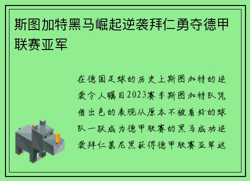 斯图加特黑马崛起逆袭拜仁勇夺德甲联赛亚军 斯图加特黑马崛起逆袭拜仁勇夺德甲联赛亚军